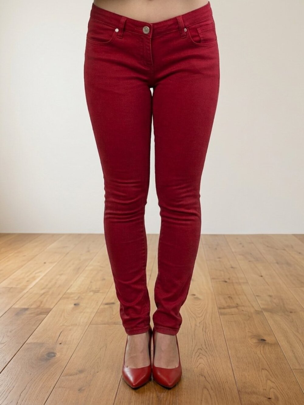 VIP Stretchy Denim Skinny Jeans - Dark Red, Size 9 / 10
